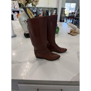 Leather Riding Boots Womens Size 8.5 Brown Knee High Lace Up Back Tall